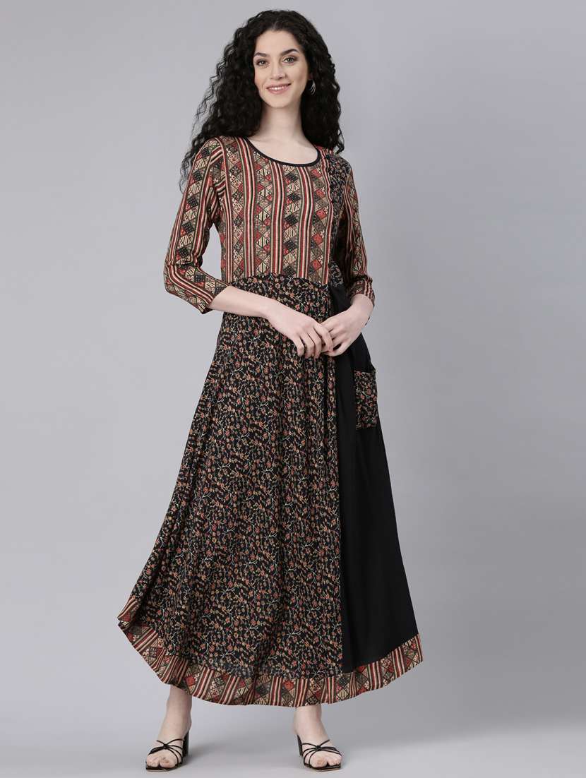 women black printed three qurater sleeve ethnic dress - 21728253 -  Standard Image - 1