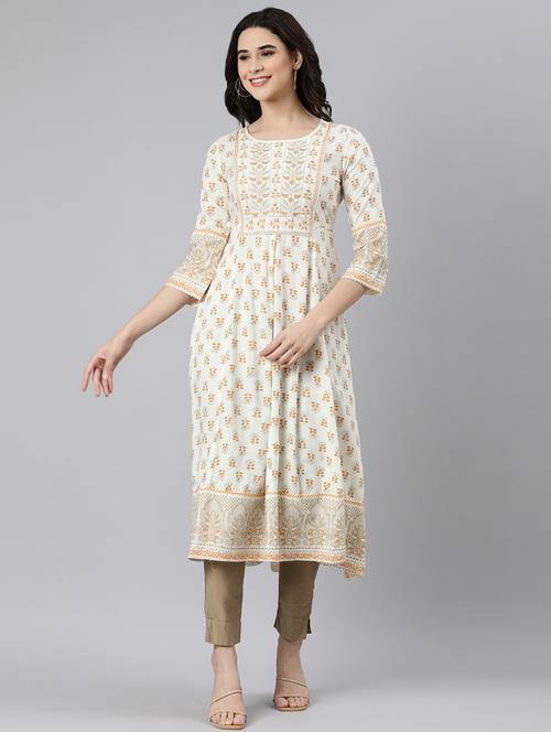 women off-white printed round neck flared kurta - 21728258 -  Standard Image - 0
