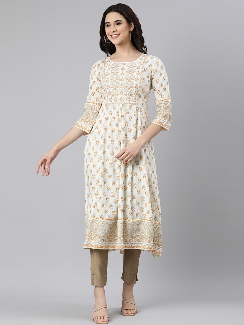 women off-white printed round neck flared kurta - 21728258 -  Zoom Image - 0