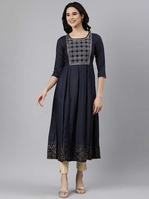 women navy blue printed round neck flared kurta