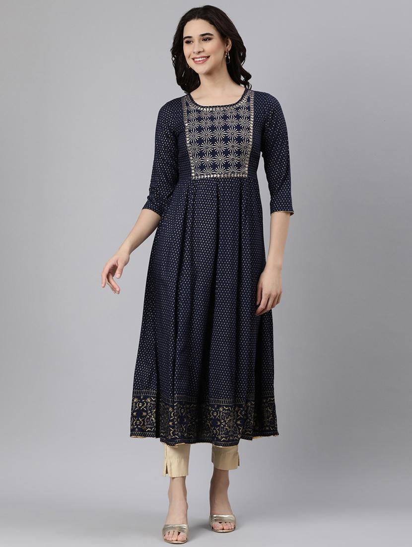 women navy blue printed round neck flared kurta - 21728260 - Zoom Image - 0