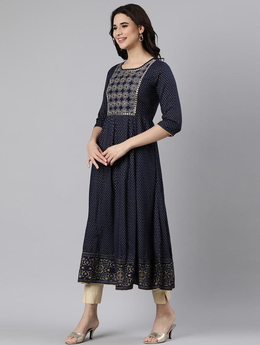 women navy blue printed round neck flared kurta - 21728260 -  Standard Image - 1