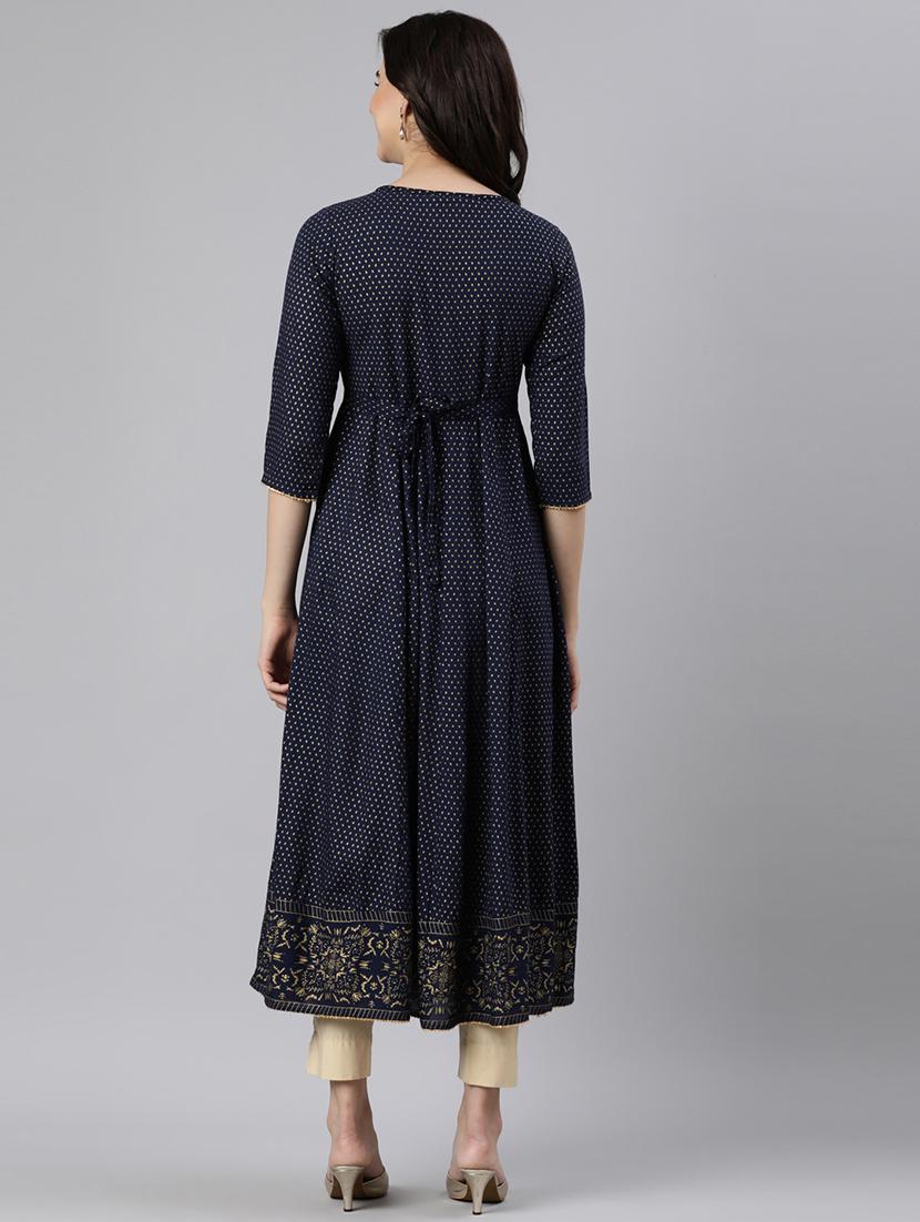 women navy blue printed round neck flared kurta - 21728260 - Standard Image - 4