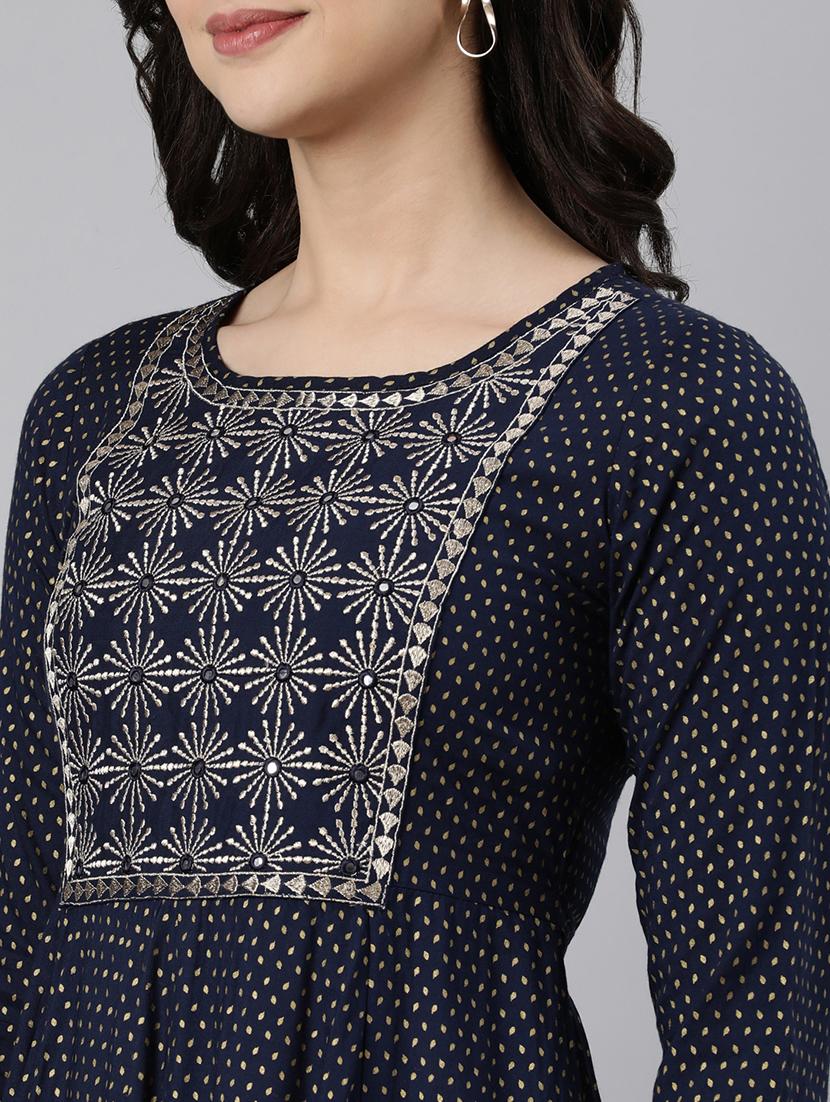 women navy blue printed round neck flared kurta - 21728260 - Standard Image - 6