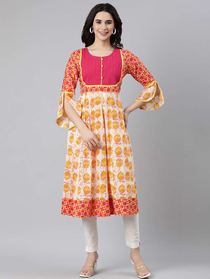 women off-white printed round neck flared kurta - 21728261 -  Standard Image - 1