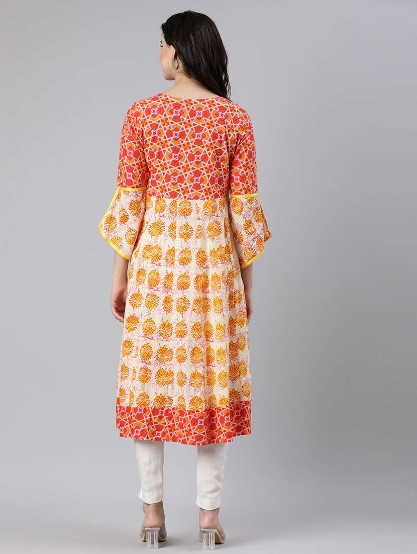 women off-white printed round neck flared kurta - 21728261 -  Standard Image - 4