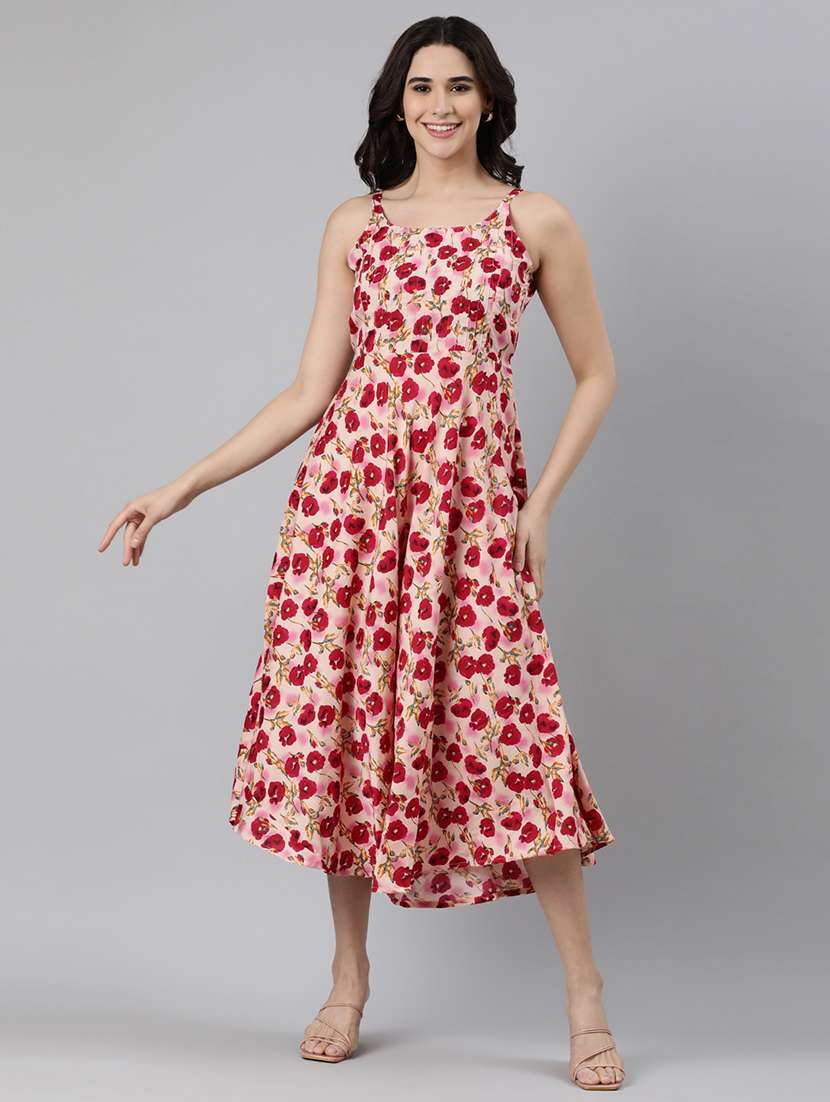 women pink floral printed fit & flare dress