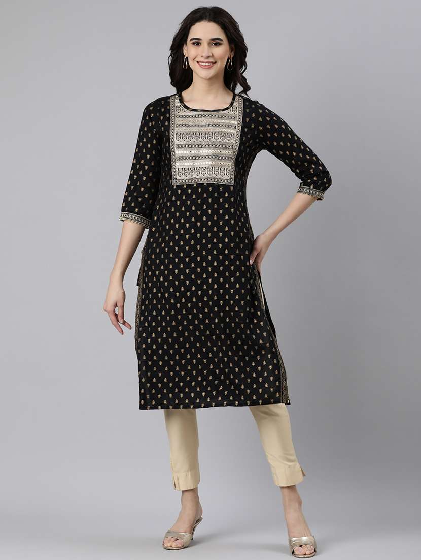 women foil print three quarter sleeve straight kurta - 21728271 - Standard Image - 1