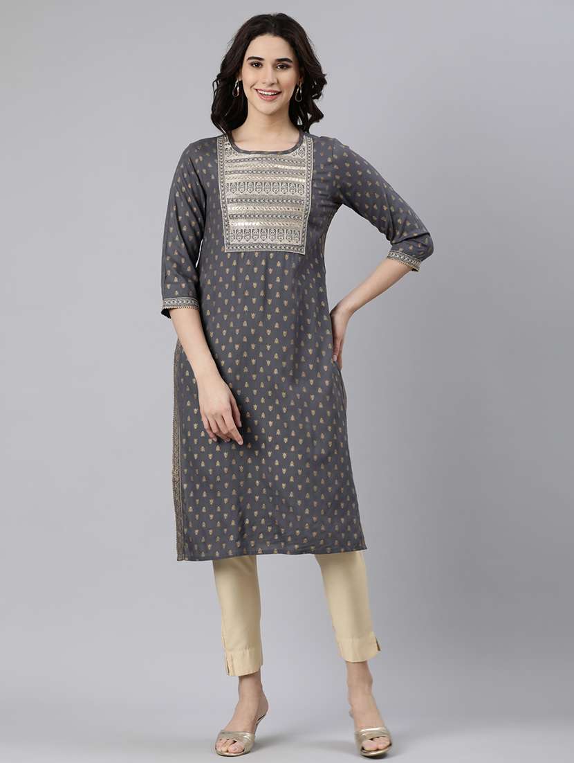 women foil print three quarter sleeve straight kurta - 21728272 - Standard Image - 1
