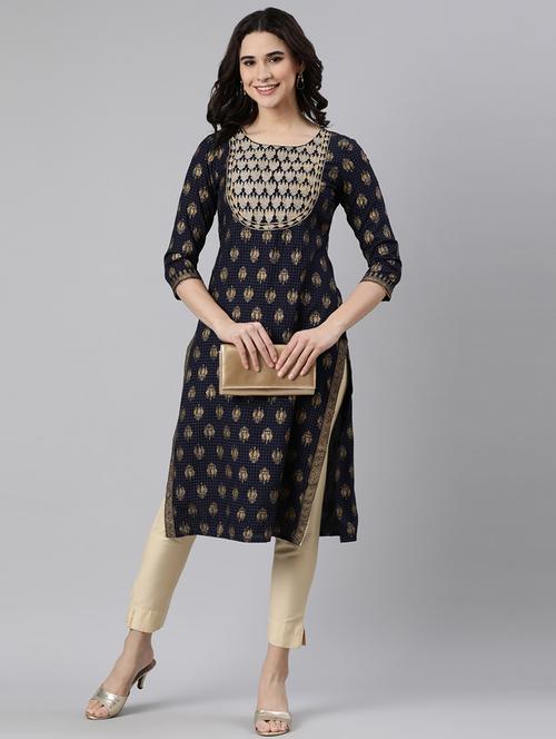 women foli print three quarter sleeve straight kurta - 21728275 - Standard Image - 0