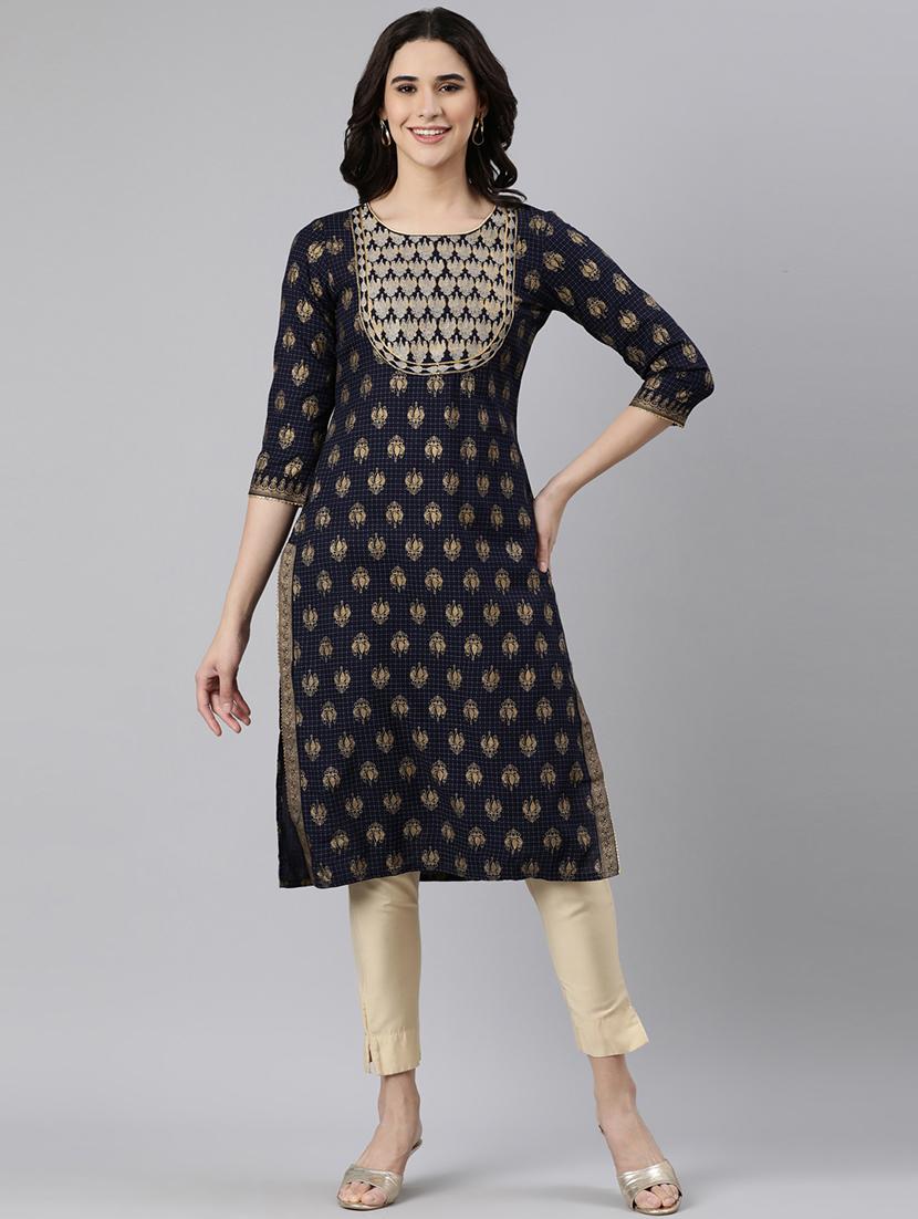 women foli print three quarter sleeve straight kurta - 21728275 - Standard Image - 1