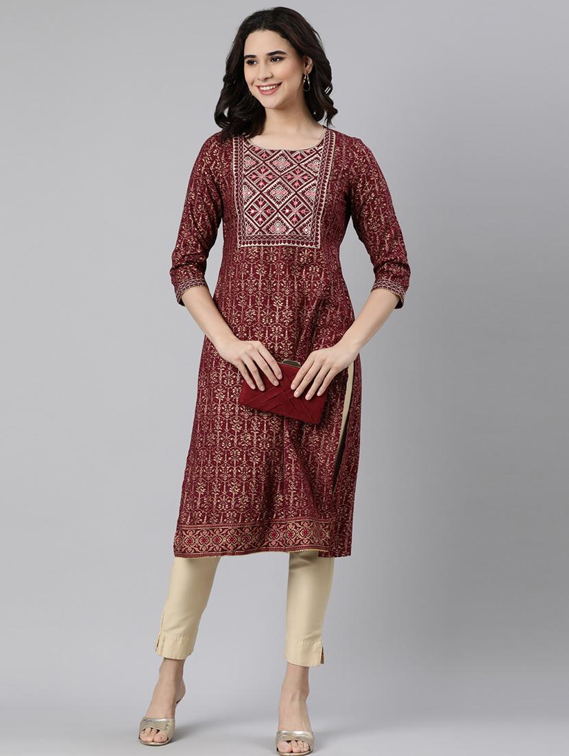 women foil print three quarter sleeve straight kurta - 21728276 - Zoom Image - 0