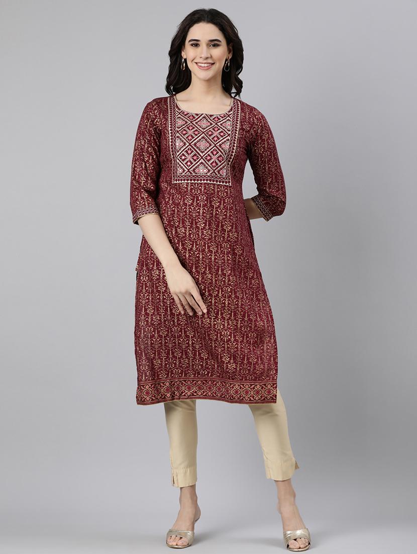 women foil print three quarter sleeve straight kurta - 21728276 - Standard Image - 1
