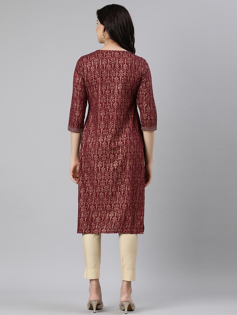 women foil print three quarter sleeve straight kurta - 21728276 - Standard Image - 4