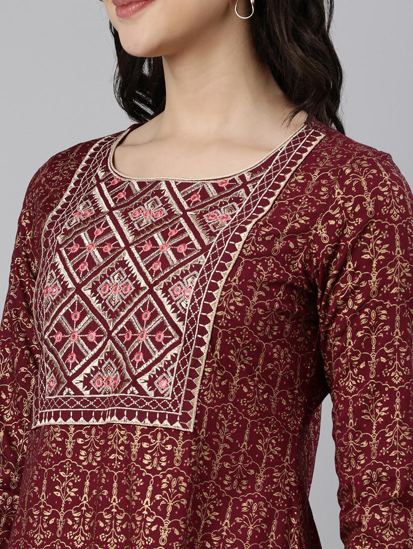 women foil print three quarter sleeve straight kurta - 21728276 - Standard Image - 6