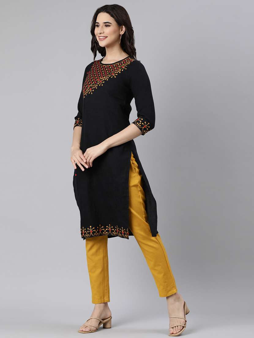 women mirror work three quarter sleeve straight kurta - 21728277 - Standard Image - 1