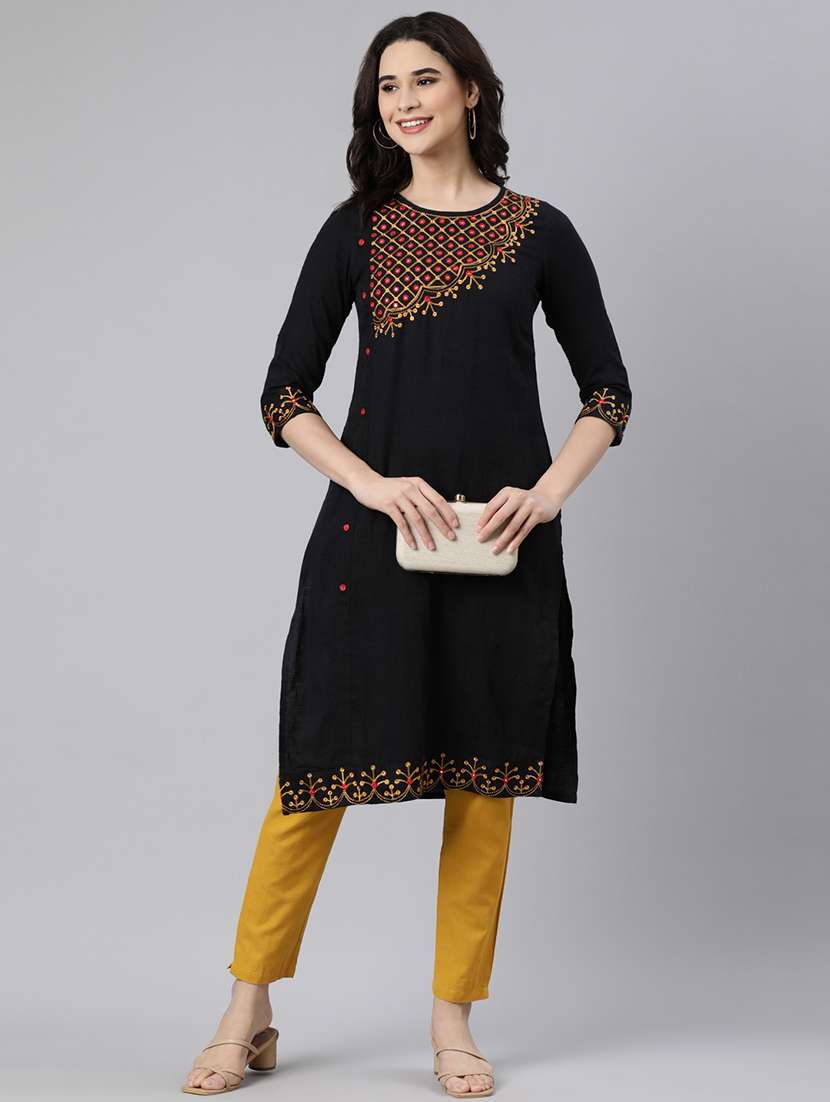 women mirror work three quarter sleeve straight kurta - 21728277 - Standard Image - 4