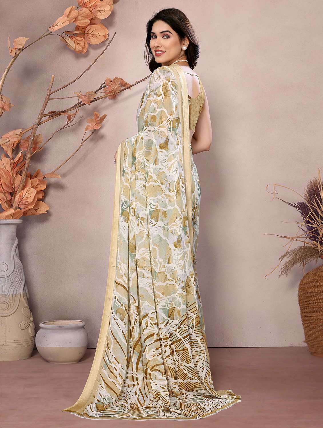 women mustard printed saree with blouse - 21728390 -  Standard Image - 1