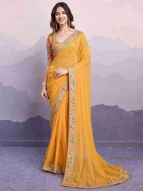 women bandhani saree with embroidered lace border with blouse - 21728394 - Zoom Image - 0