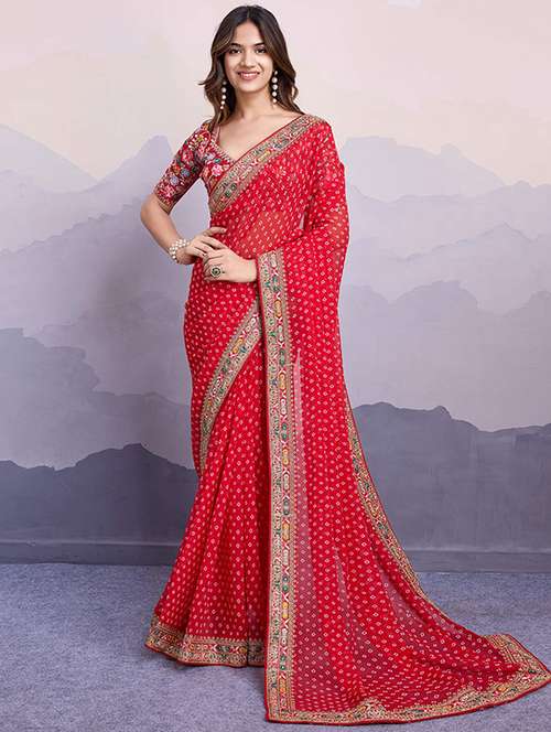 women red bandhani printed lace work saree with blouse - 21728396 - Standard Image - 0