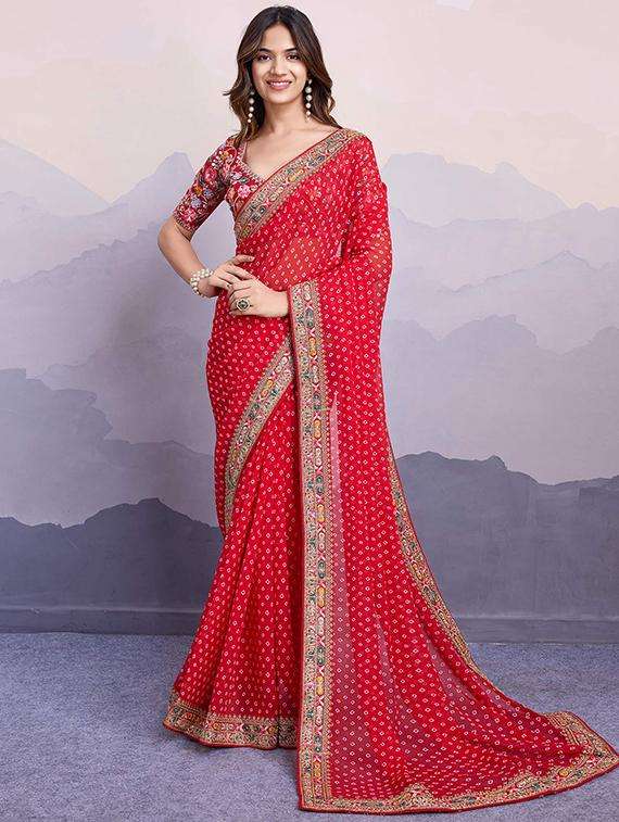women red bandhani printed lace work saree with blouse