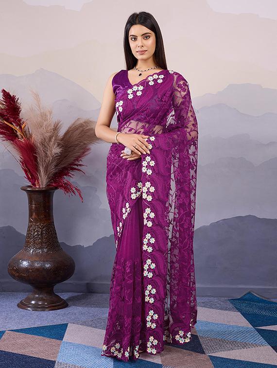 women purple embroidered saree with blouse - 21728398 - Zoom Image - 0