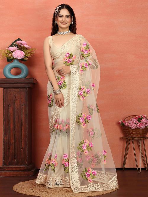 women cream embroidered saree with blouse - 21728404 - Standard Image - 0