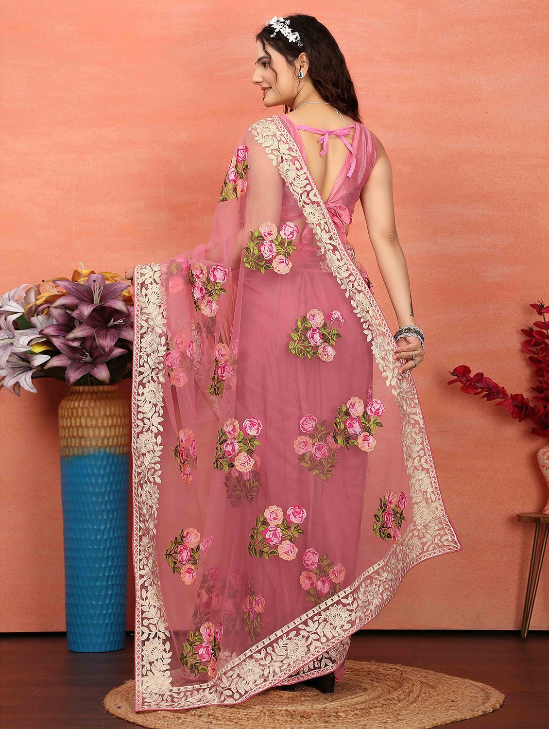 women pink embroidered saree with blouse - 21728405 - Standard Image - 1