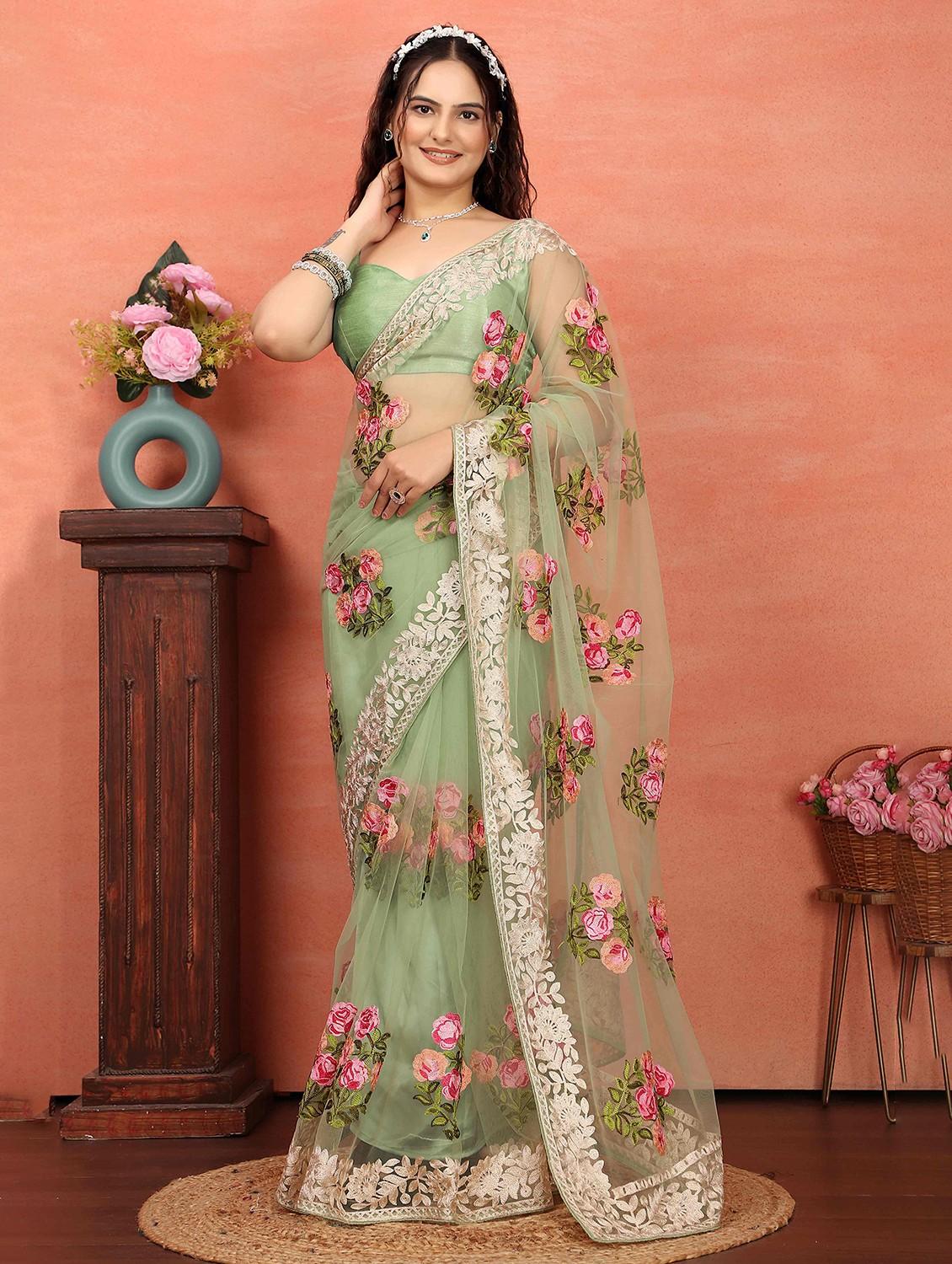 women neo mint embroidered saree with blouse - 21728406 - Zoom Image - 0