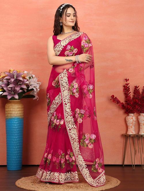 women pink embroidered saree with blouse - 21728407 -  Standard Image - 0