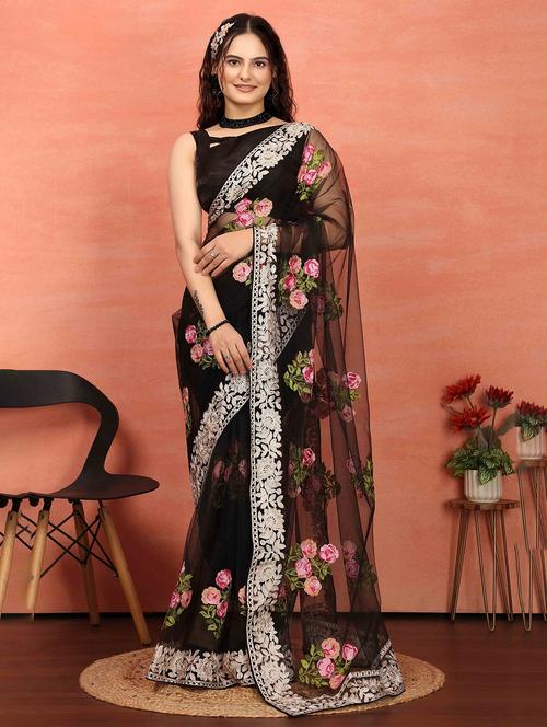 women black embroidered saree with blouse - 21728408 -  Standard Image - 0