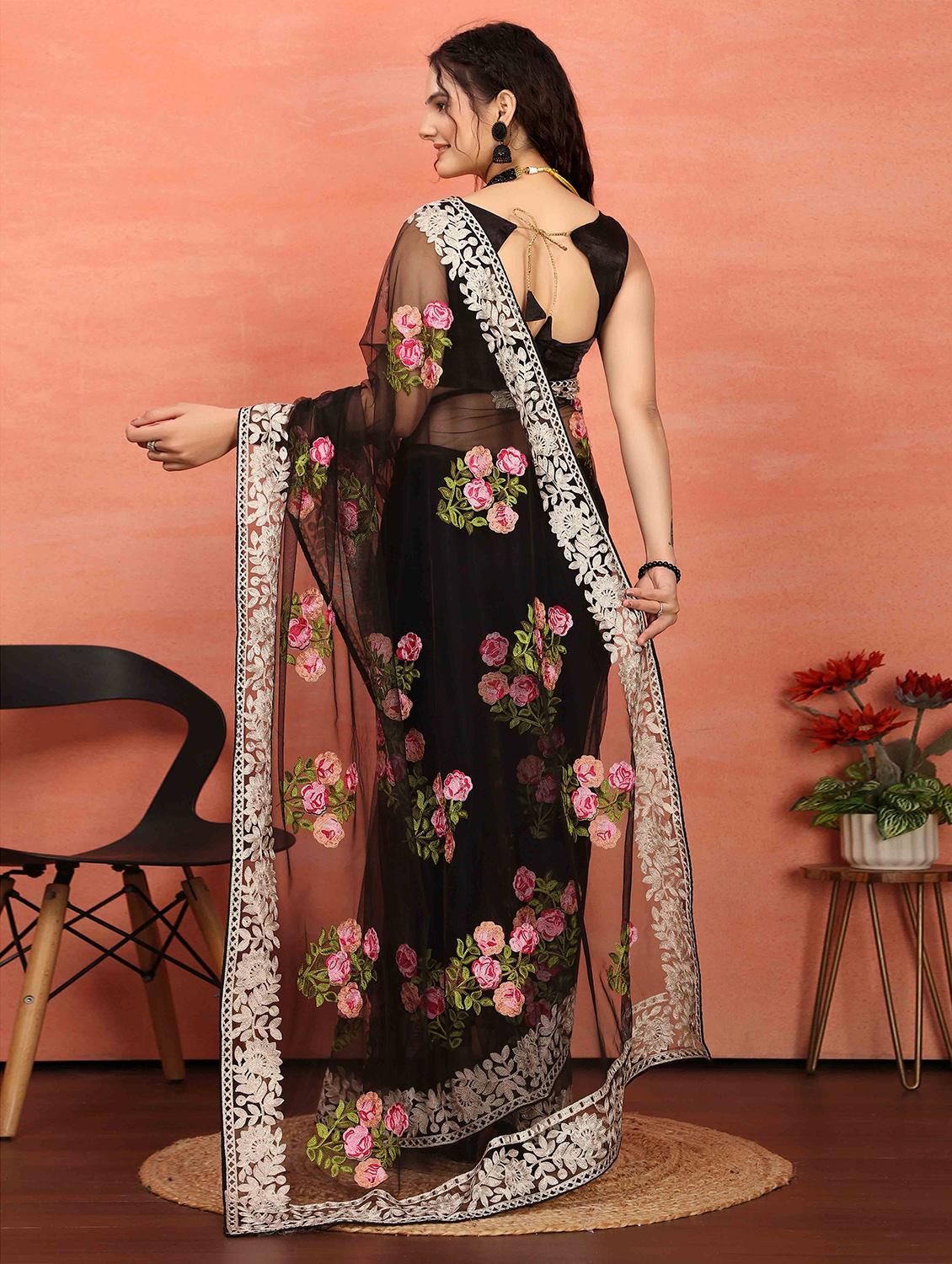 women black embroidered saree with blouse - 21728408 - Standard Image - 1