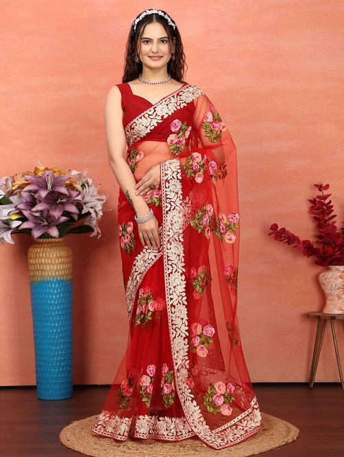 women red embroidered saree with blouse - 21728409 - Standard Image - 0