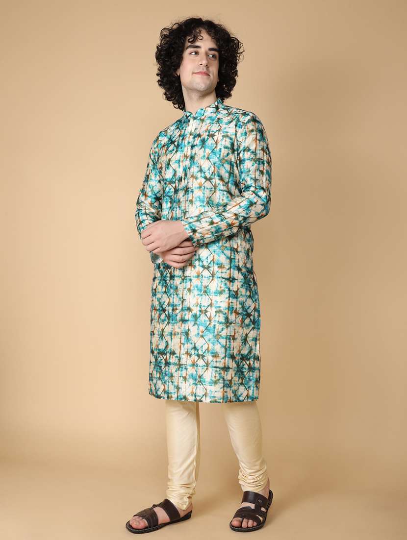 men mandarin neck printed kurta churidar set - 21728549 - Standard Image - 1