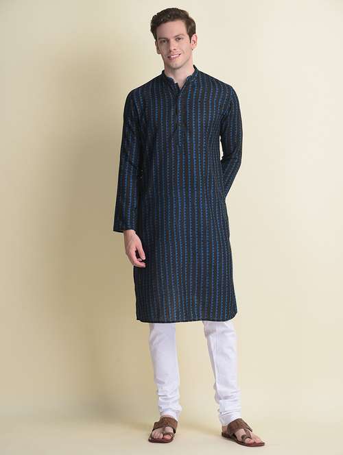 men mandarin neck striped kurta churidar set - 21728626 - Standard Image - 0