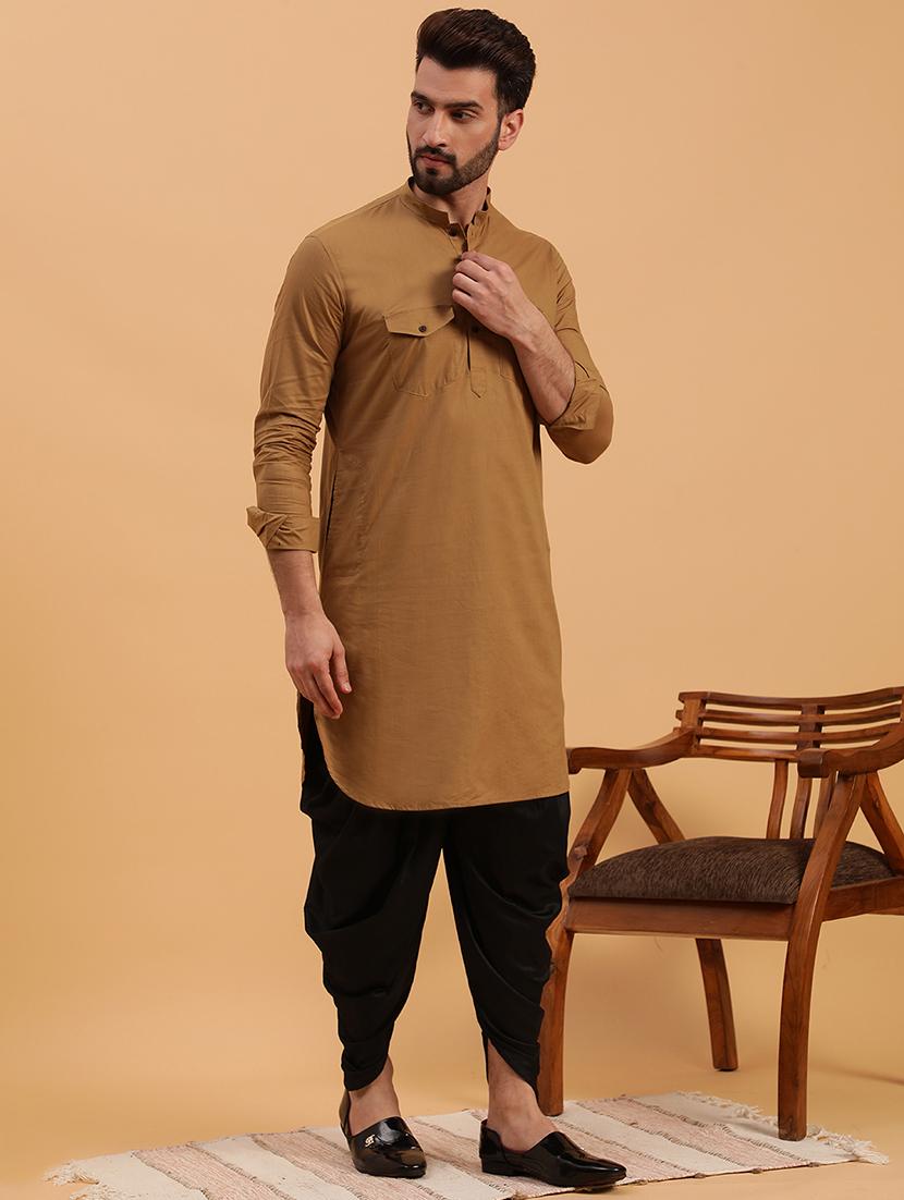 men mandarin neck solid dhoti kurta set - 21728732 - Standard Image - 1