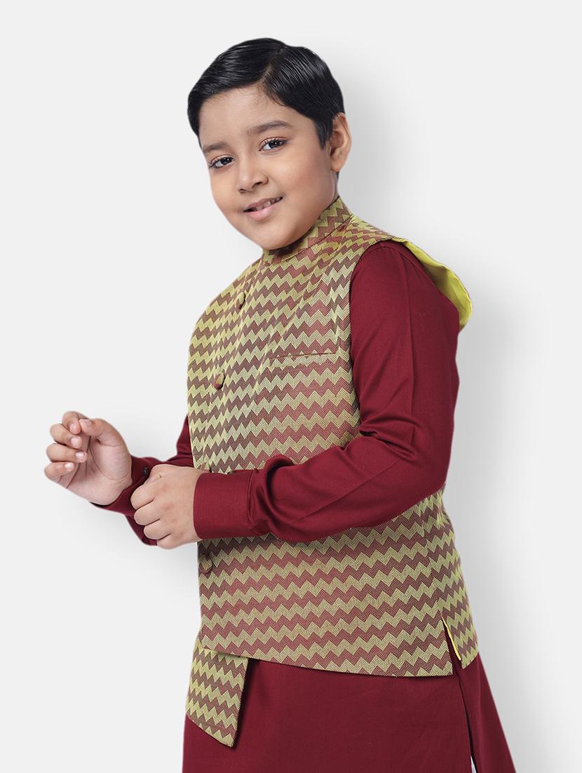 boys maroon chevron sleeveless nehru jacket - 21728769 - Standard Image - 1