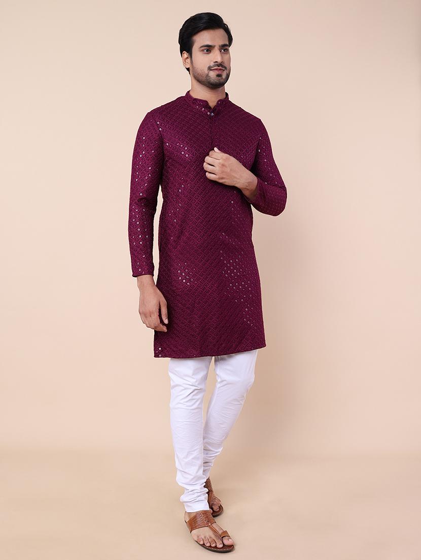 men mandarin neck mirror work kurta - 21728790 - Standard Image - 1