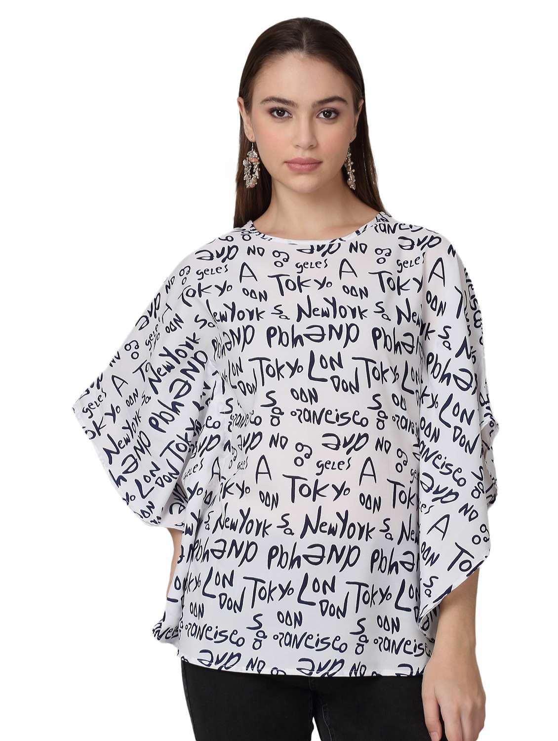 women printed round neck kaftan top