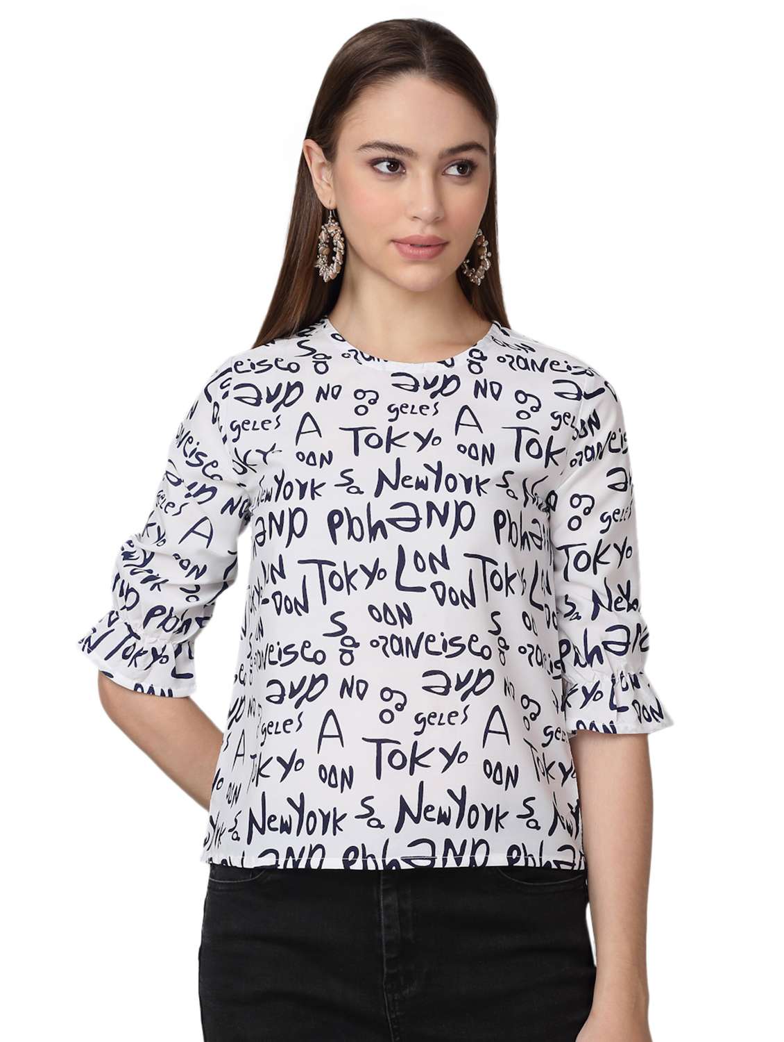 women printed round neck top