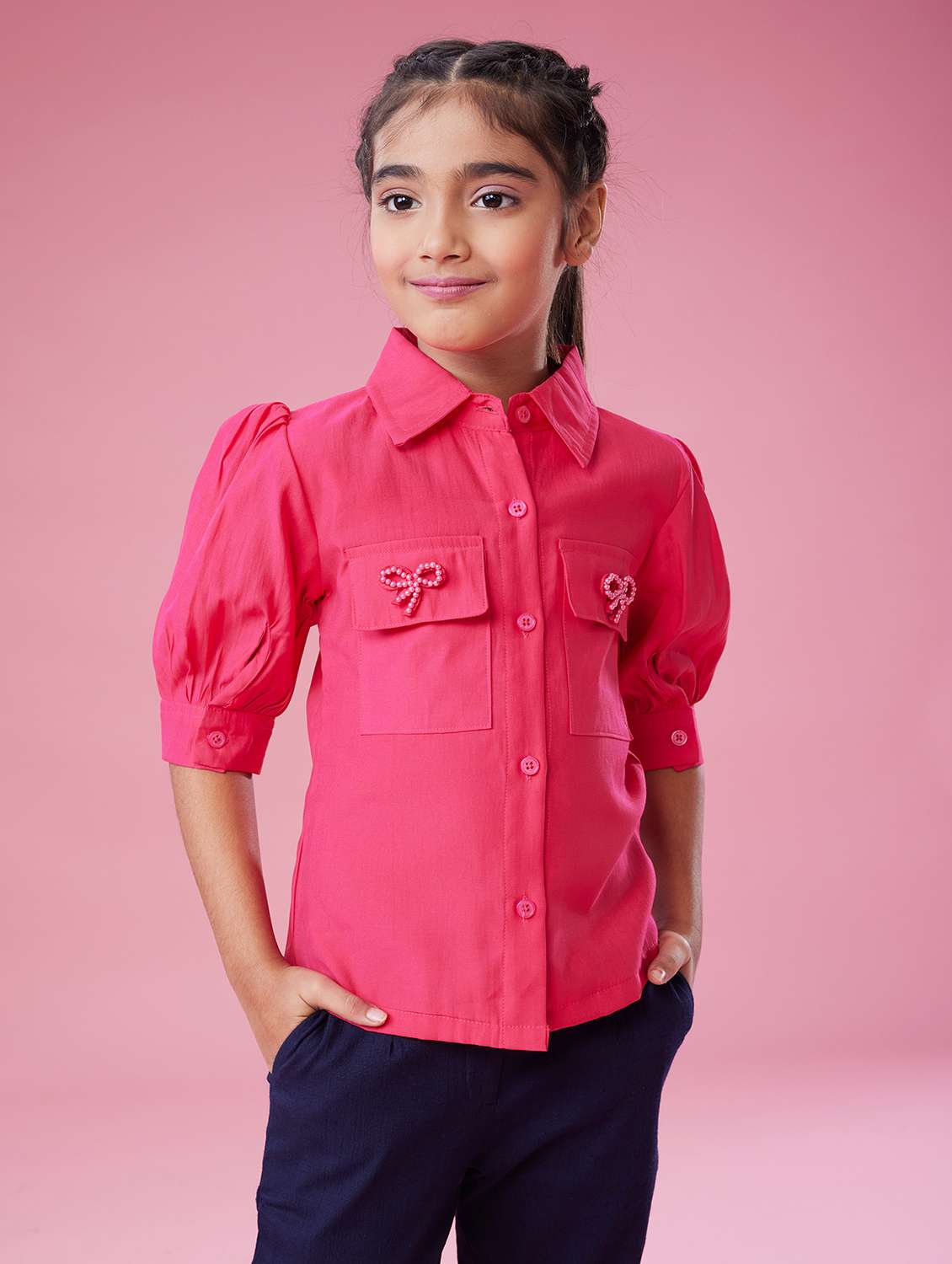girls pink solid puff sleeve top