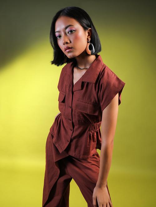 women brown solid cap sleeve regular fit shirt - 21729269 - Standard Image - 0