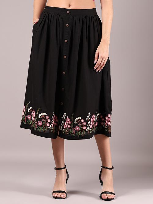 women black embroidered mid rise flared skirt - 21729295 -  Standard Image - 0
