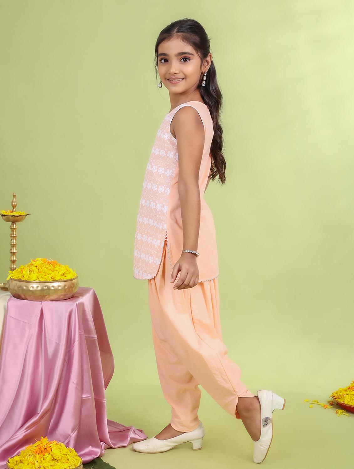 girls peach embroidered dhoti kurta set - 21729423 - Standard Image - 1