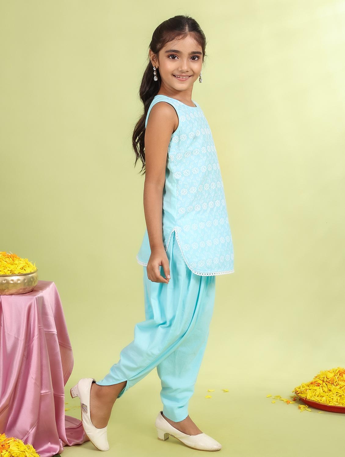 girls light blue printed round neck dhoti kurta set - 21729424 - Standard Image - 1