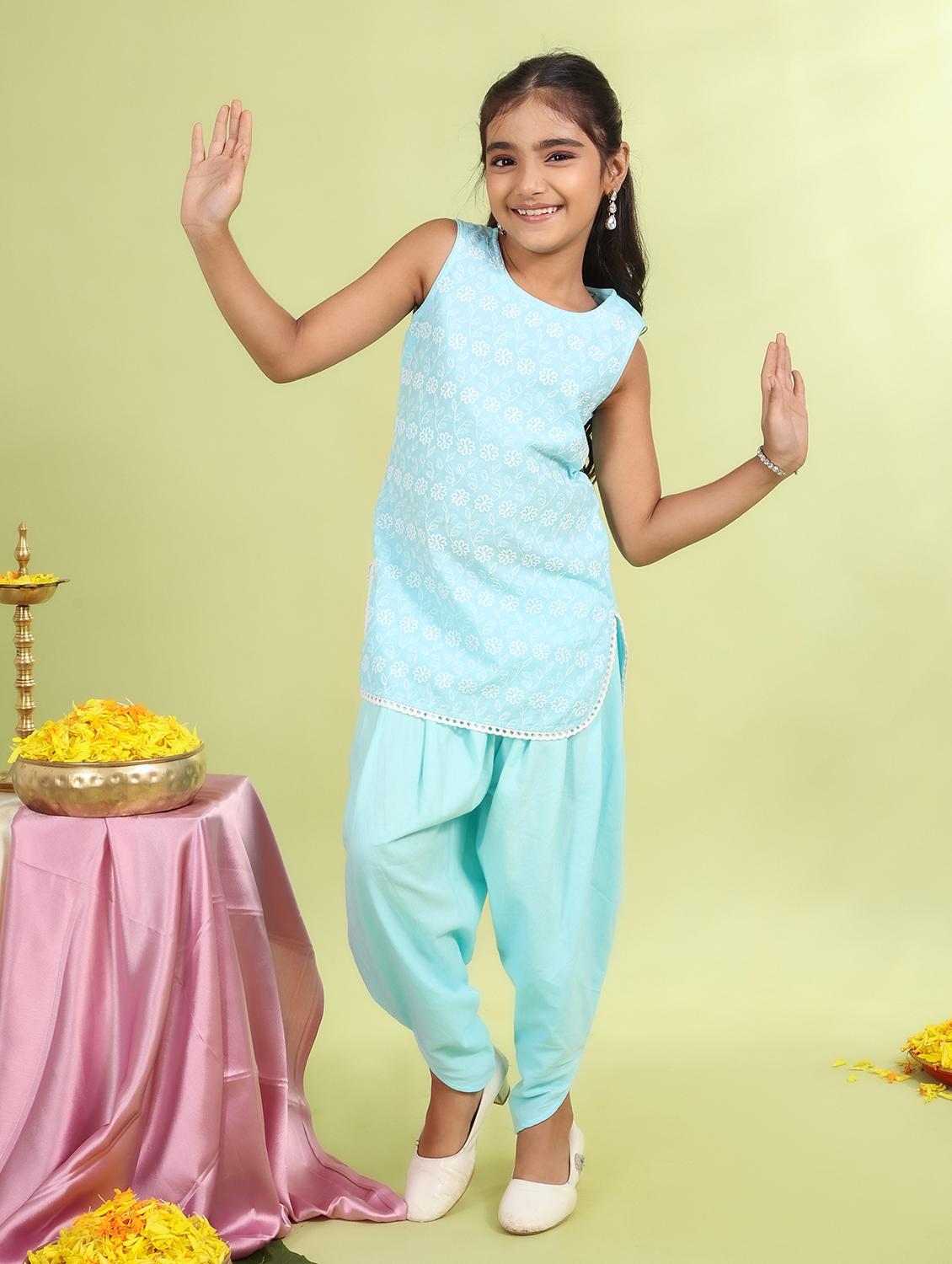 girls light blue printed round neck dhoti kurta set - 21729424 - Standard Image - 4