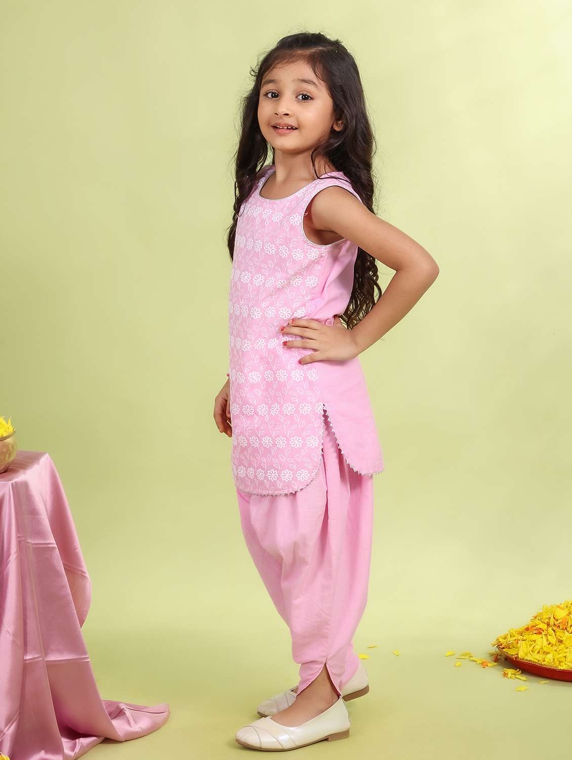 girls embroidered round neck dhoti kurta set - 21729433 -  Standard Image - 1
