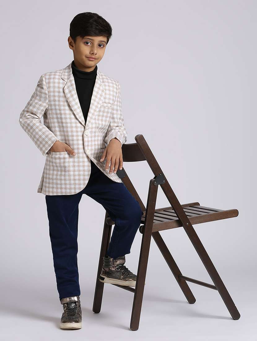 boys beige checks long sleeve blazer