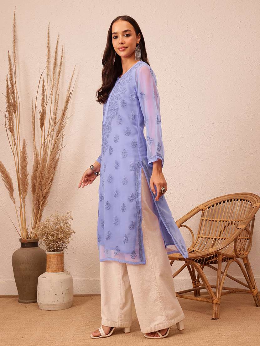 women long sleeve straight chikankari kurta - 21729620 - Standard Image - 1