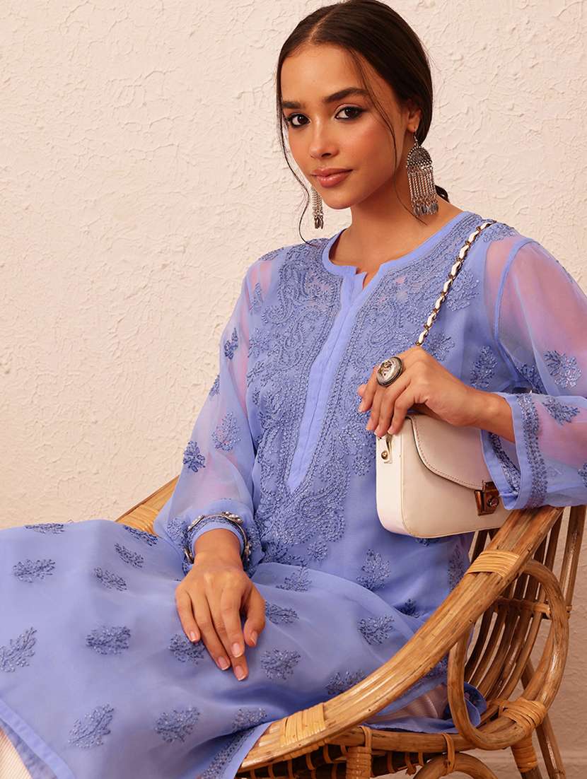 women long sleeve straight chikankari kurta - 21729620 - Standard Image - 4